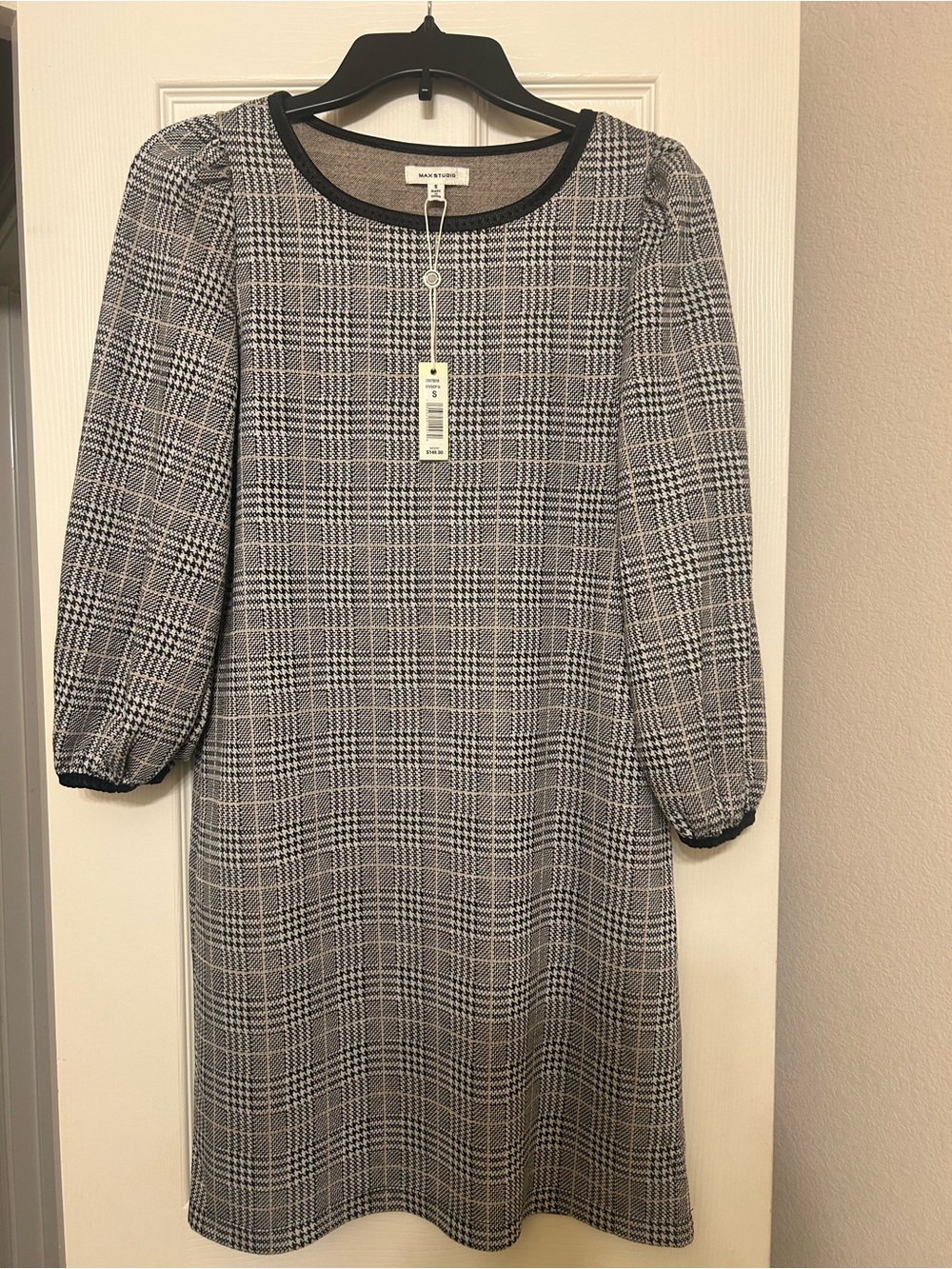 Max Studio Black and White Plaid Midi Dress with Puff Sleeves